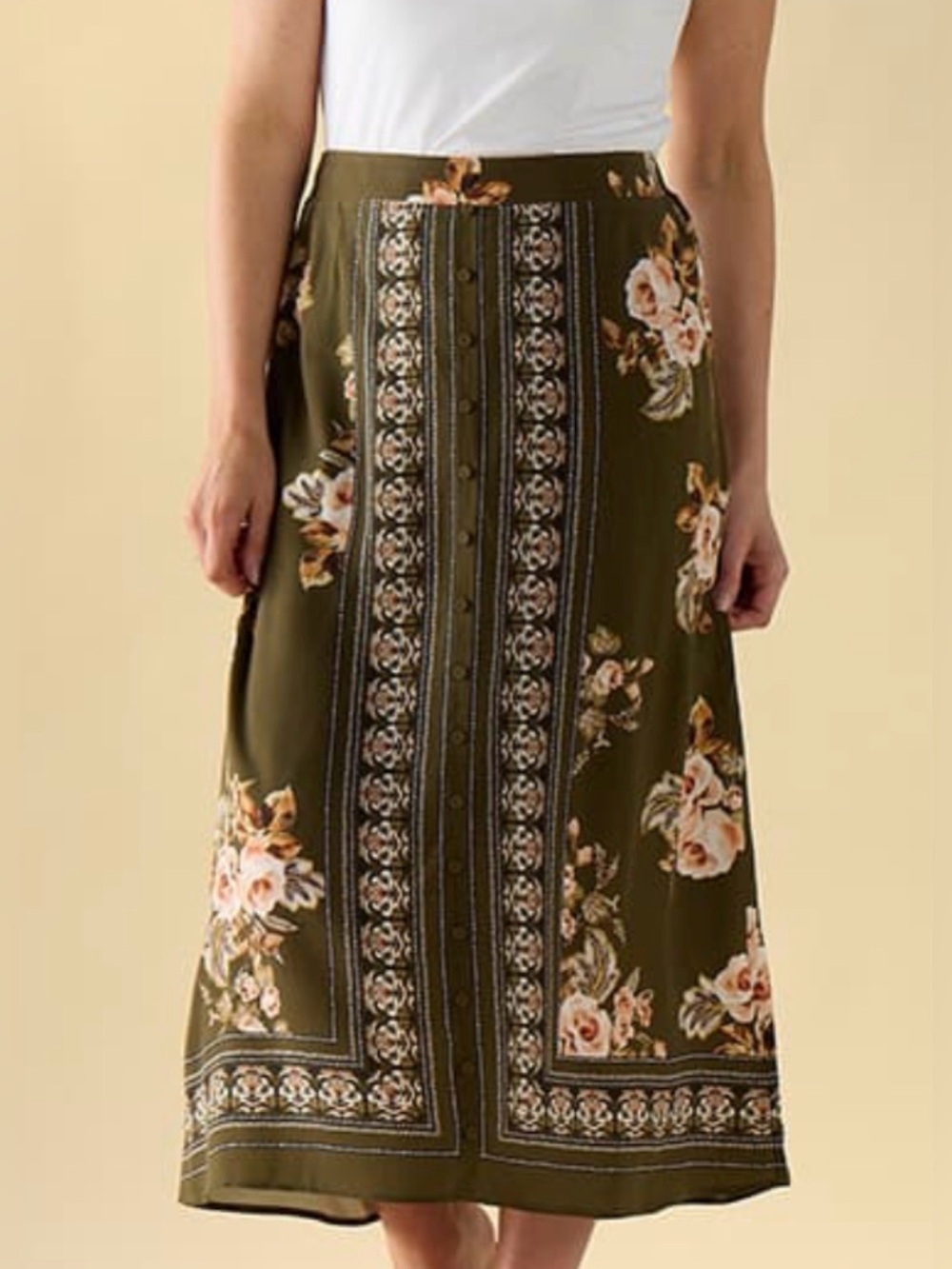My Danielle - Floral Border Button-Front Midi Skirt - Medium